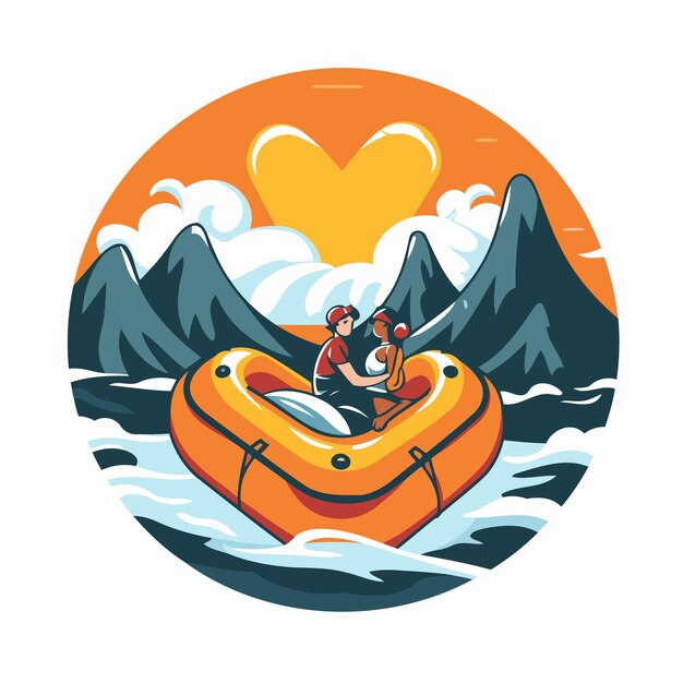 Vector couple on an inflatable boat in the mountains vector illustration