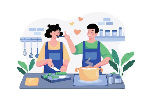 Couple Is Cooking Together Illustration concept on white background