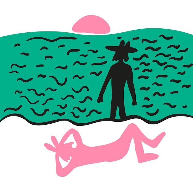 カップルはリゾートで休んでいます。帽子をかぶった男が海で水浴びをしている。海岸に沈む夕日。