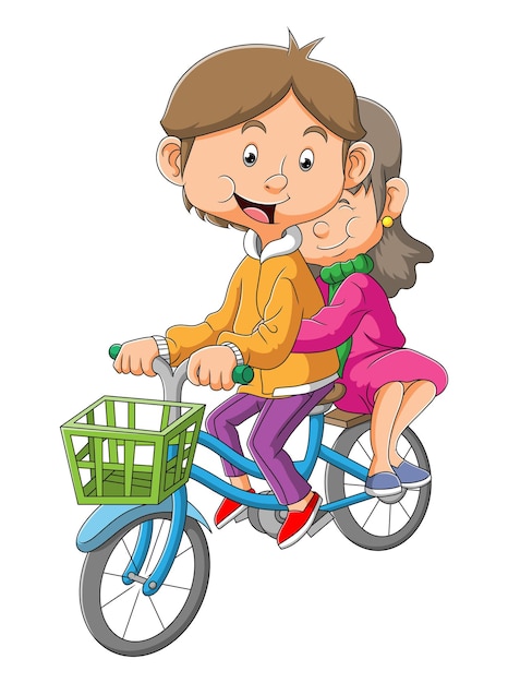 Vector the couple is riding the bicycle together of illustration