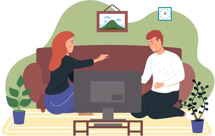 Vector the couple is sitting at home and watching tv young people communicate and spend time together the girl looks at her boyfriend and holds his hand joint viewing of cinema in the apartment