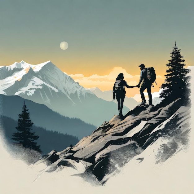 a couple is standing on a mountain with mountains in the background