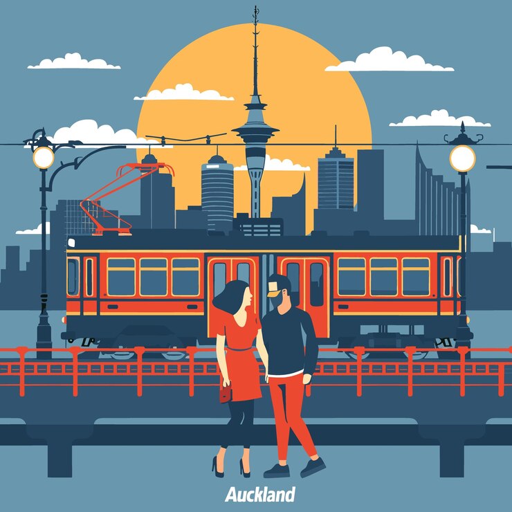 Vector a couple is walking on a bridge in front of a train