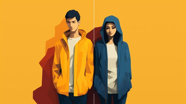 Vector a couple in jackets and hoodies are standing in front of a yellow wall