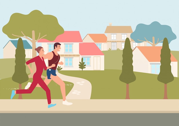 Couple jogging and running outdoors in neighborhood illustration