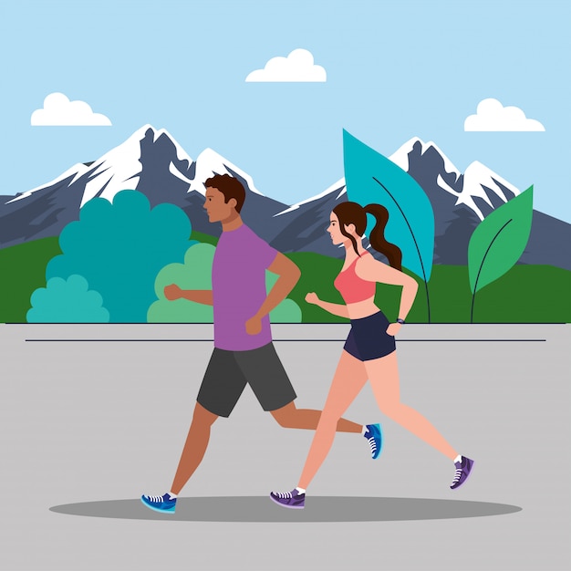 couple jogging with mountainous landscape, woman and man running, people in sportswear jogging  illustration design