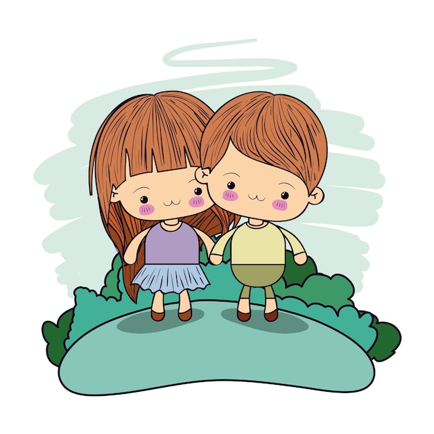 Couple kawaii happy kids taken hands in forest