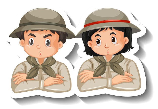 Vector couple kids wear safari outfit cartoon character sticker