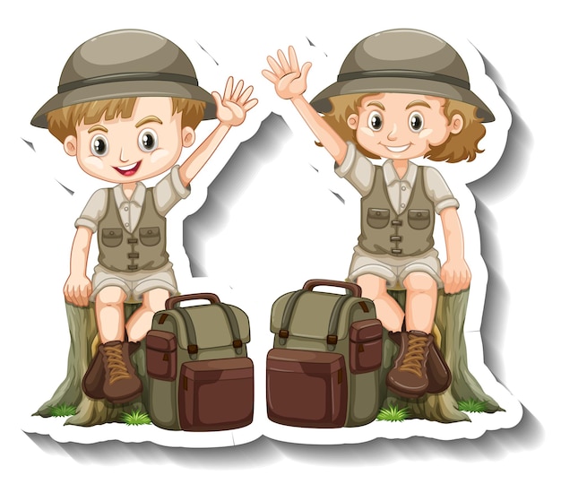 Coppia di bambini indossa l'adesivo del personaggio dei cartoni animati con l'abito da safari