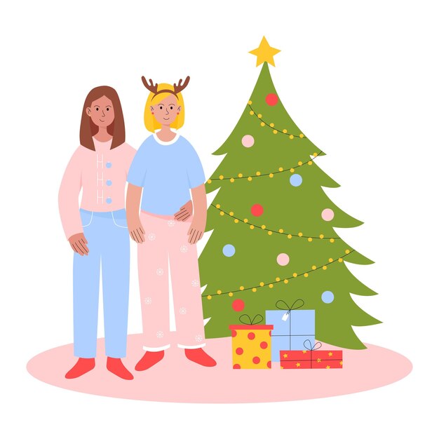 Couple of lesbian girls hug around a decorated Christmas tree and gifts Concept of LGBTQ Christmas and New Year Vector illustration in flat style