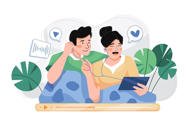 Couple Listening Podcast Show Illustration concept