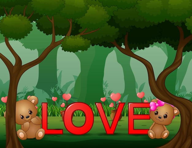 森の中の小さなクマと赤い言葉「愛」のカップル