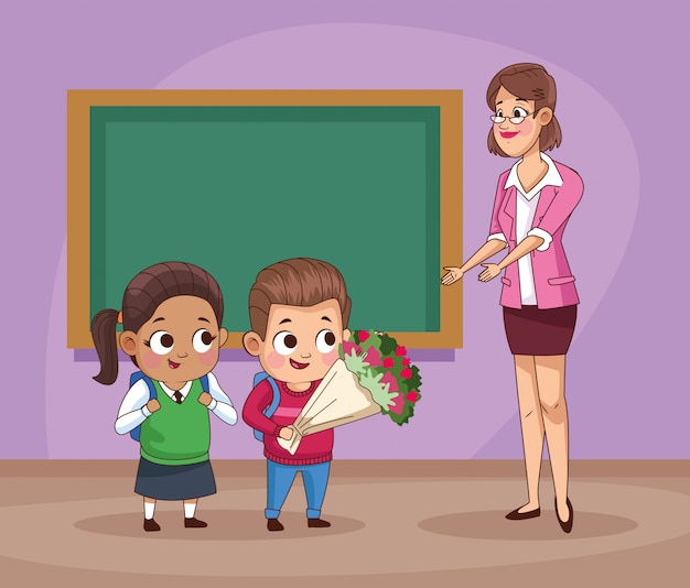 couple of little students kids with teacher in classroom illustration