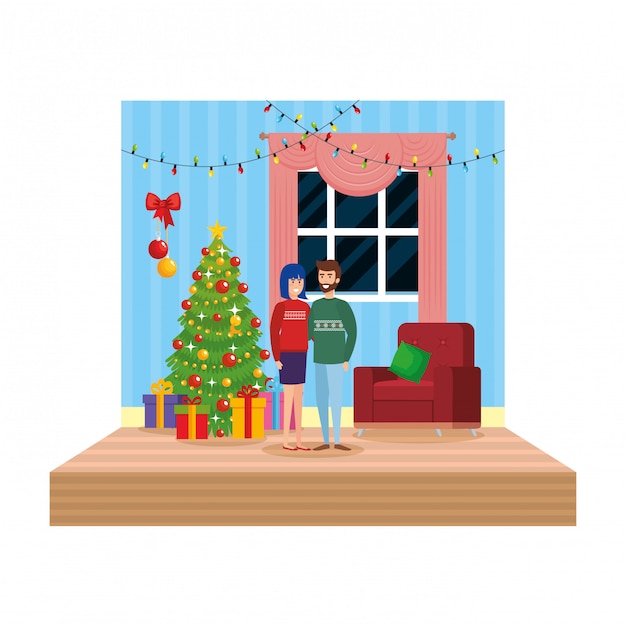 Vector couple in living room with christmas decoration