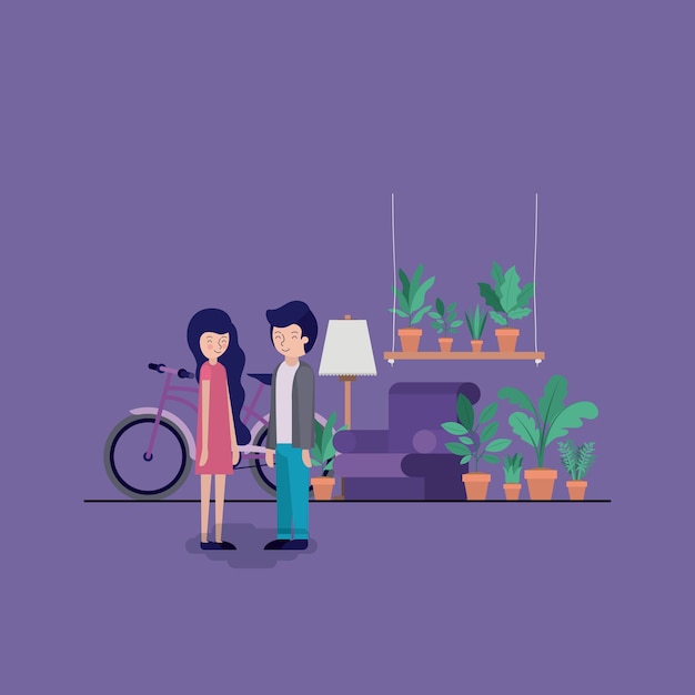 couple in the living room with houseplants and bicycle 