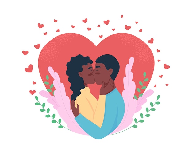 愛のカップル2Dベクトル分離イラスト。バレンタイン・デー。愛情を示しています。漫画の背景にフラットなキャラクターにキスするロマンチックなパートナー。カラフルなシーンを一緒に充実した時間を過ごす