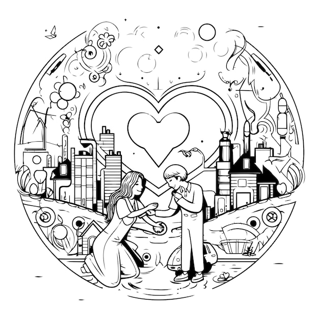 Couple in love on the background of the city Vector illustration