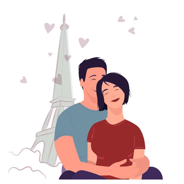 A couple in love on the background of the Eiffel Tower Pastel colors