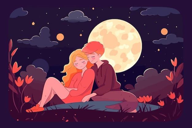 Couple in love Cartoon color young couple couple under the moon Vector illustration