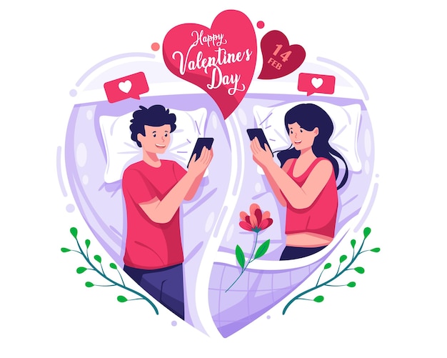 Una coppia innamorata che chiacchiera sul proprio smartphone nella loro camera da letto. illustrazione del concetto di san valentino