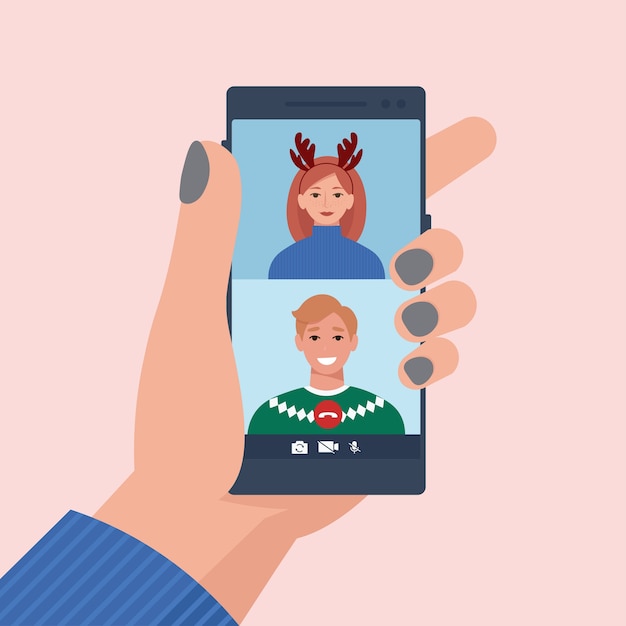 Vector couple in love in christmas clothes talking on a video call. in flat style