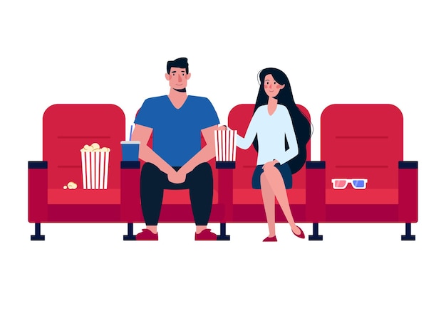 映画を見たり、ポップコーンを食べたりする映画館で恋をしているカップル