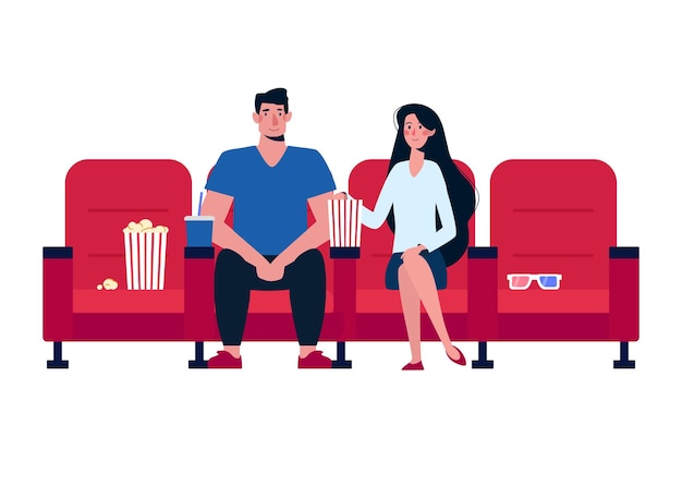 A couple in love at the cinema watching a movie and eating popcorn