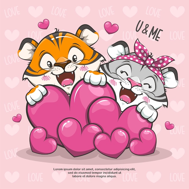 Vector couple love of cute tiger with love heart, animal valentine, cartoon illustration