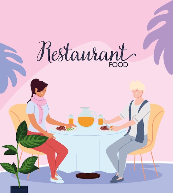 Couple in love having dinner and having a juice in the restaurant illustration design