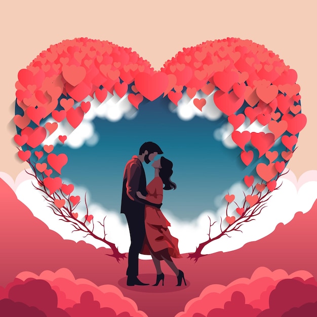 Vector couple in love in a heart landscape valentines day card 3d render illustration