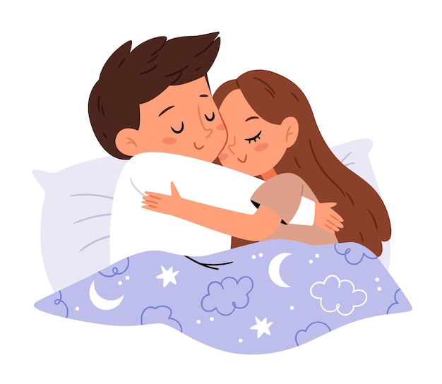 A couple in love hugging in bedAsleep people romantic partners Man and woman lovers under blanketHusband hugging wife in sleep