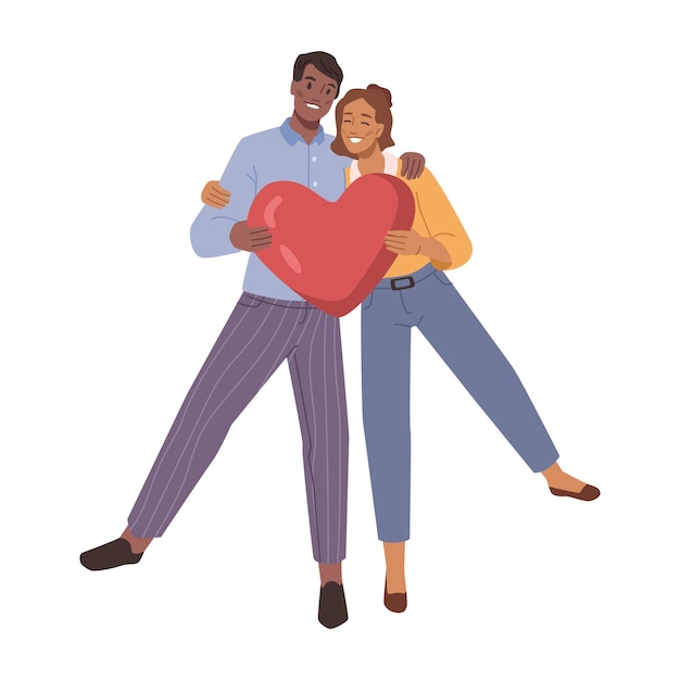 Vector couple in love hugging holding heart