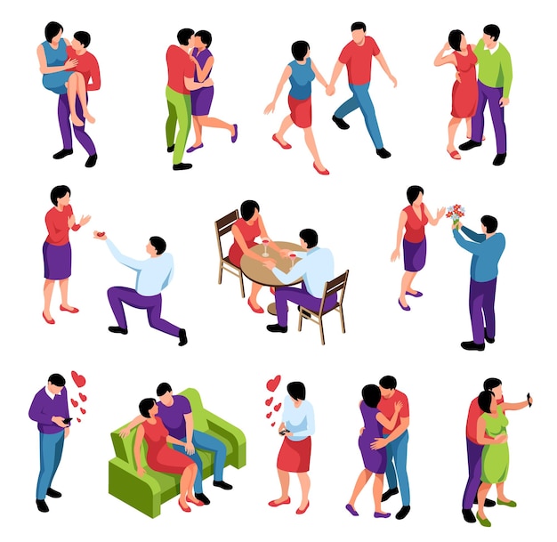 Vector couple in love isometric icons set with dating hugging kissing messaging hearts proposing dining together vector illustration