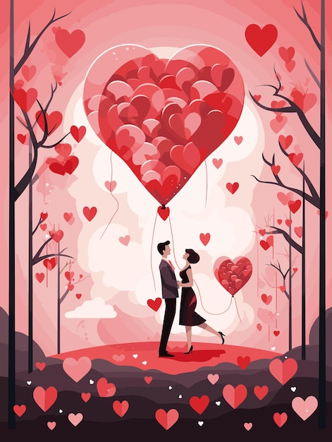 Vector couple in love kissing among hearts valentines day vector illustration