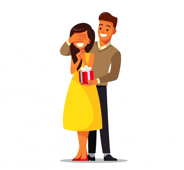 Couple in love. Man gives a woman a gift.   illustration.