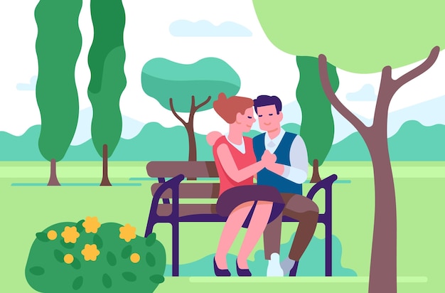 Couple in love Man and woman sitting on bench in park Outdoor romantic pastime Loving pair walking on nature Embracing persons People characters meeting Summer leisure Vector concept