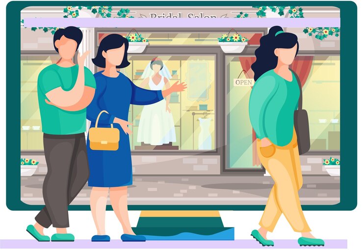 Vector couple in love near wedding dress shop people walking down the street near bridal salon storefront mannequin in elegant bridal clothes collection at cartoon showcase fashionable boutique