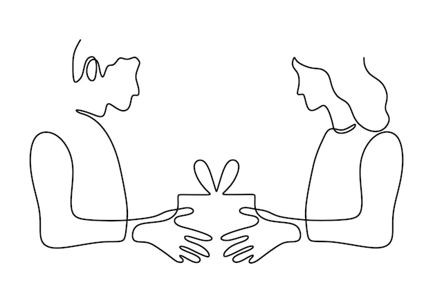 Couple in love one line drawing giving gift present with ribbon