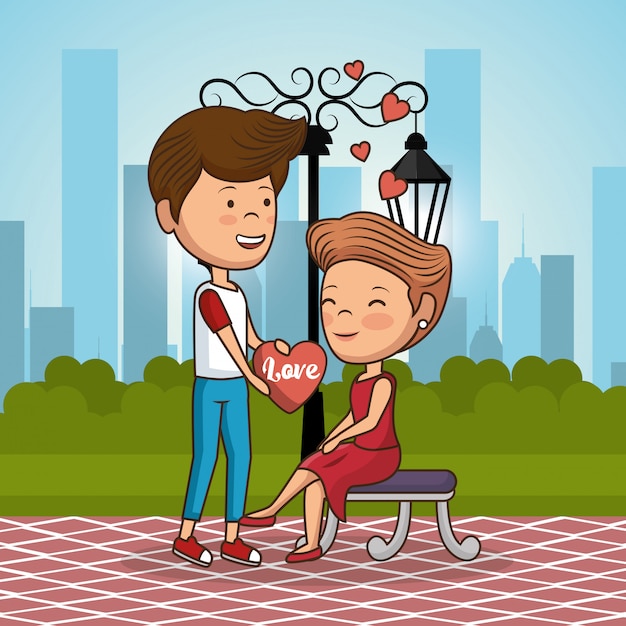 Vector couple in love on park chair