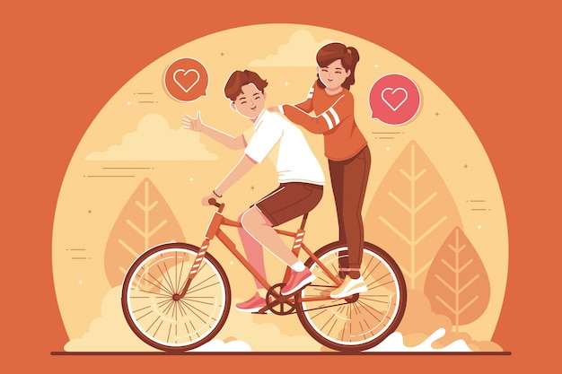 Vettore coppie nell'amore che guida un'illustrazione della bicicletta