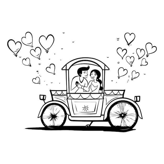 couple in love riding a retro car vector illustration sketch doodle hand drawn