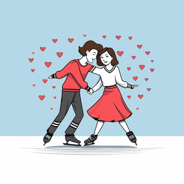 Couple in love on roller skates Vector illustration in cartoon style