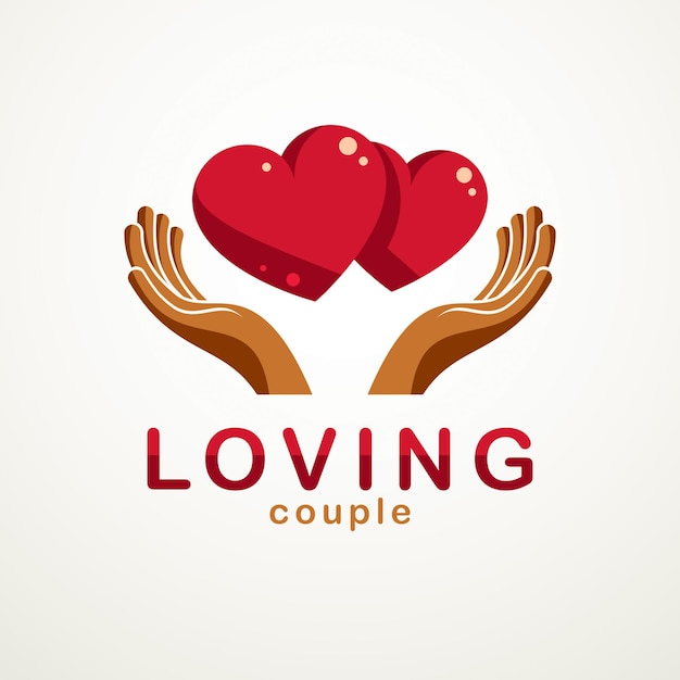 Couple in love simple vector logo or icon created with red glossy hearts and care protecting hands. Tender and loving relationship of man and woman, boyfriend and girlfriend.