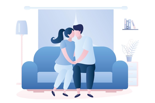 사랑에 빠진 커플은 소파에 앉아 가구 벡터 그림을 갖춘 거실 내부에 키스를 합니다.