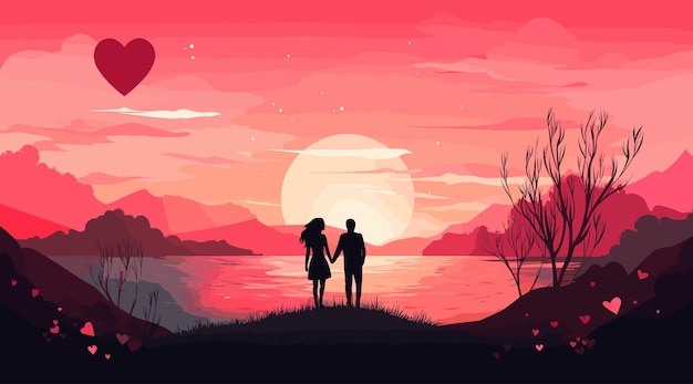 Vector couple in love at sunset on the background of the landscape vector illustration