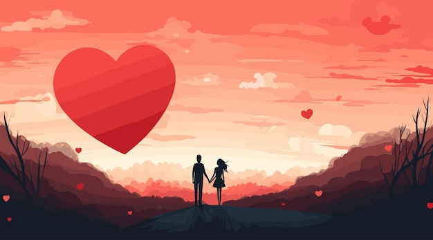 Una coppia innamorata al tramonto sullo sfondo di un paesaggio con un cuore nel cielo