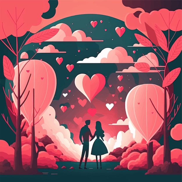 Vector couple in love at sunset valentine's day