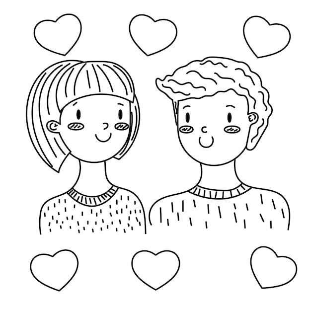 Coppia innamorata san valentino doodle schizzo con persona amore cuore set san valentino disegnato a mano