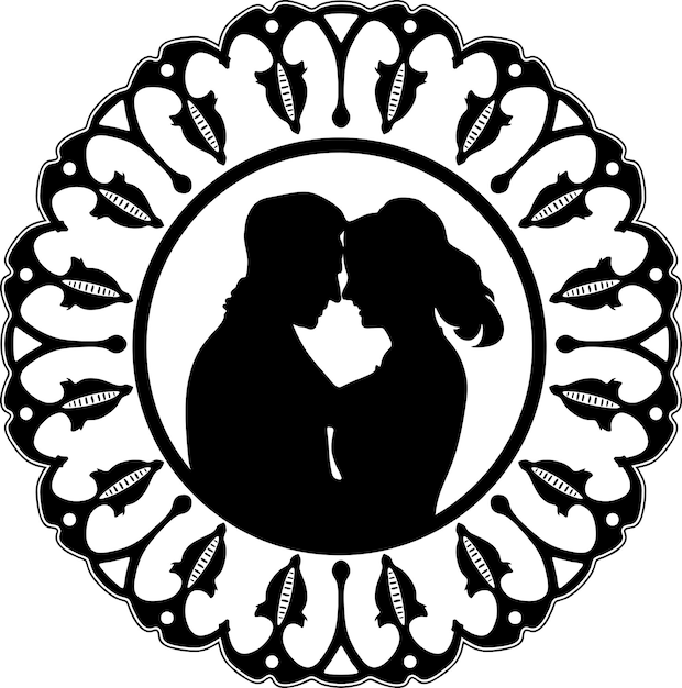 Couple in love with floral frame handmade silhouette