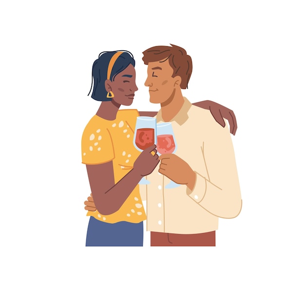 Vector couple of lovers drinking red wine and cuddling